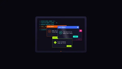 Modern cyber terminal screen vibrating alert popups custom palette Stock Footage 347628733