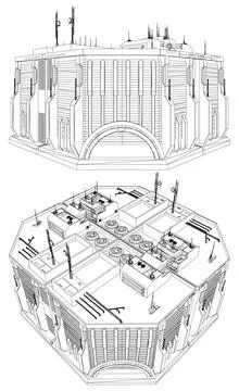 Modern Cyberpunk City Vector. Megastructures: Monolithic Brutalist Towers Ilustración de archivo