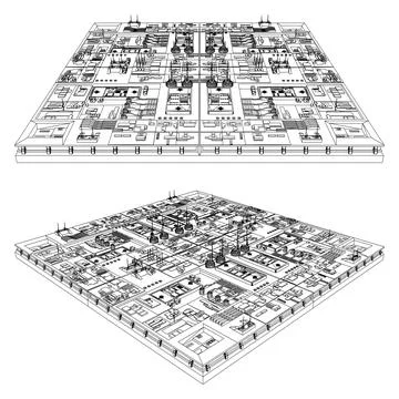 Modern Cyberpunk City Vector. Megastructures: Monolithic Brutalist Towers Ilustración de archivo