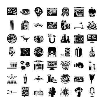 Modern daily life objects and abstract concepts glyph icons set Stock Illustration