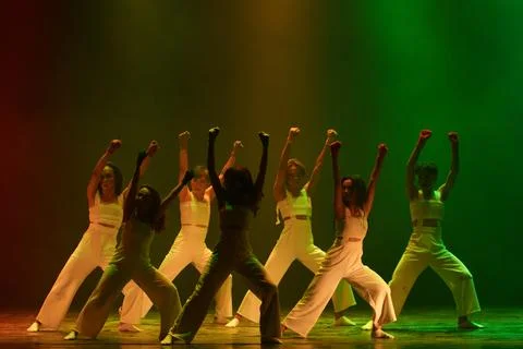 Modern Dance Performance With Bold Symmetrical Stage Composition Stock Photos