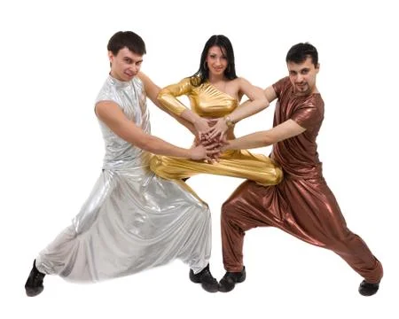 Modern dancer team dancing, isolated on white in full length 库存照片