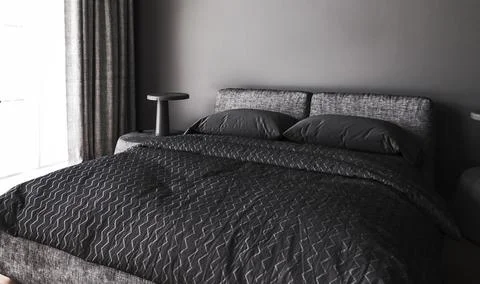 Modern dark bedroom interior with window and lamp on table. Bed with gray Stock-Illustration