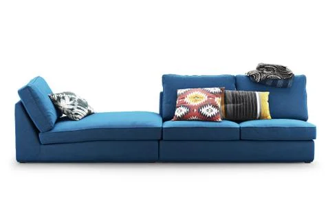 Modern dark blue textile sofa with colored pillows and plaid. 3d render Stock Illustration