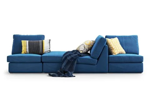 Modern dark blue textile sofa with colored pillows and plaid. 3d render Stock Illustration