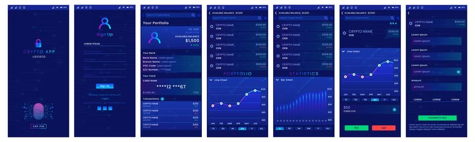 Modern Dark Crypto App UI UX Kit Mobile Screens Portfolio Charts Buy Sell Stock-Illustration