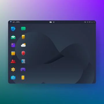 Modern dark dashboard interface with colorful application icons layout Stockillustratie