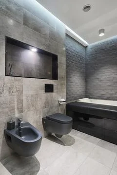 Modern Dark Gray Bathroom Interior Design Stock Photos