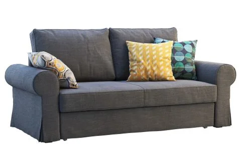 Modern dark gray fabric sofa with colored pillows. 3d render Stock Illustration