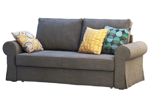 Modern dark gray fabric sofa with colored pillows. 3d render Stock Illustration