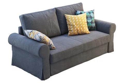 Modern dark gray fabric sofa with colored pillows. 3d render Stock Illustration