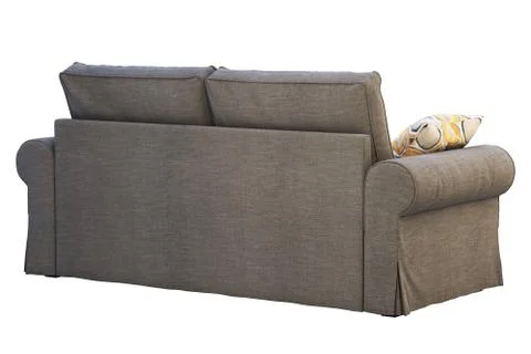 Modern dark gray fabric sofa with colored pillows. 3d render Stock Illustration