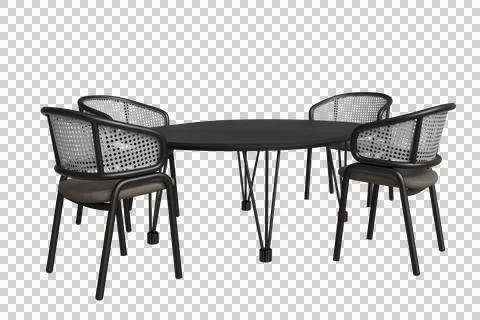 Modern dark grey dining table and four chairs with woven backs and upholste Иллюстрация