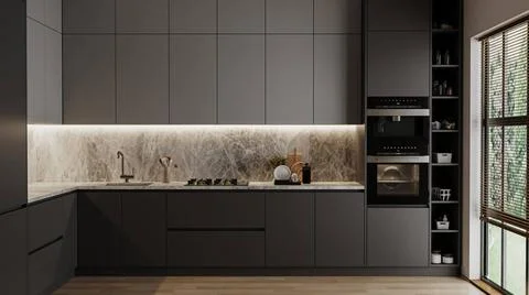 Modern dark grey kitchen interior, 3d rendering Modern dark grey kitchen i... Stock Photos