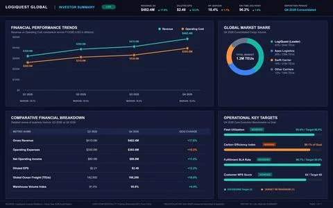 Modern dark interface displaying financial trends, market share donut chart,  Stock Illustration