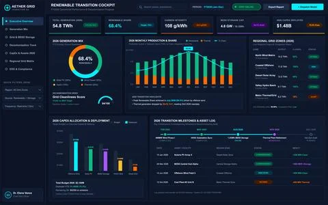 Modern dark interface displaying renewable energy metrics, carbon intensity,  Ilustración de archivo