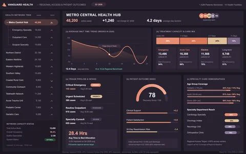 Modern dark interface vector illustration displaying medical network capacity 스톡 일러스트