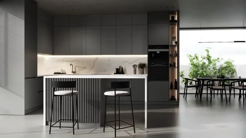 Modern dark kitchen and dining room interior with furniture, Video Stock Footage 302468207
