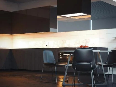 Modern dark kitchen with few light sources. 3d rendering. イラスト素材