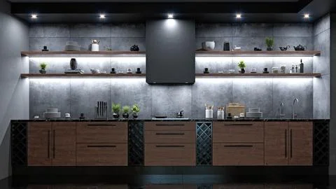 Modern dark kitchen interior. Stock Illustration