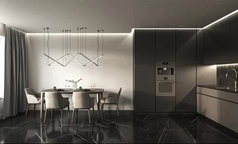 Modern dark kitchen interior with white walls, marble tile floor. Contemporary Stock Illustration
