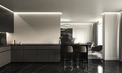 Modern dark kitchen interior with white walls, marble tile floor. Contemporary 스톡 일러스트
