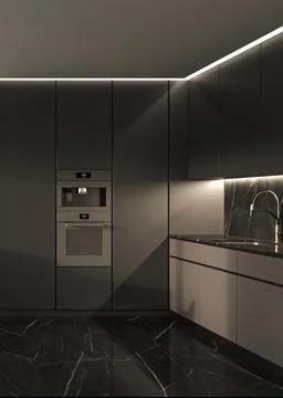 Modern dark kitchen interior with white ceiling, marble tile floor. Front view Illustrazione stock