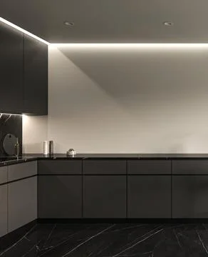 Modern dark kitchen interior with white walls, marble tile floor. 3d rendering Stock Illustration