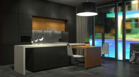 Modern dark kitchen with window Stock Illustration