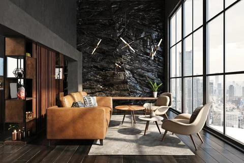 Modern dark living interior with rock feature. Illustrazione stock