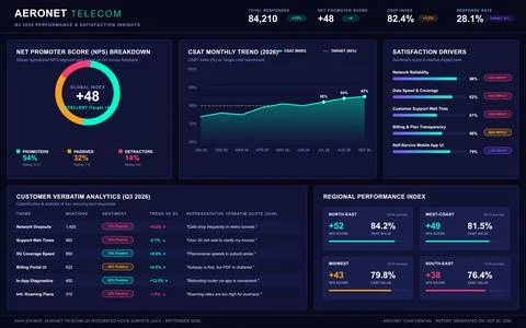 Modern dark mode data dashboard displaying telecommunications customer satisf Stock Illustration