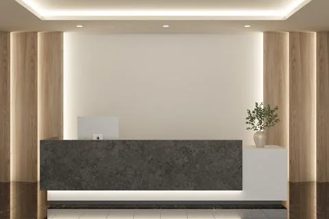 Modern dark textured reception desk wood panels plant underlighting lobby Stock Illustration