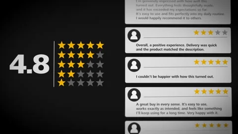 Modern dark themed interface showing a 4.7 star product rating with stacked Stock Footage 328703535