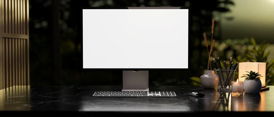 Modern dark workspace with a white-screen computer mockup and accessories a.. Illustrazione stock