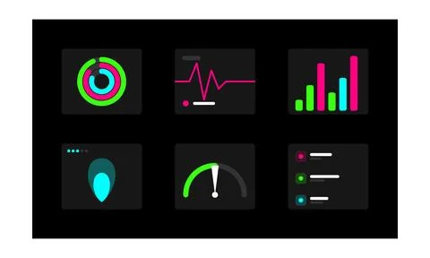 Modern dashboard interface with colorful data visualization widgets on a da.. Illustrazione stock