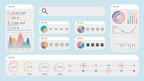 Modern dashboard interface with infographic rings, pie charts, line graphs, and イラスト素材