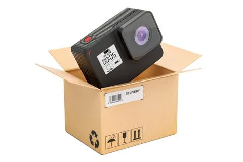 Modern dashcam DVR inside parcel, delivery concept. 3D rendering Stockillustratie