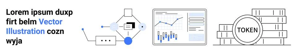 Modern Data Analysis and Blockchain Technology Concepts with Graphs and Token Illustrazione stock