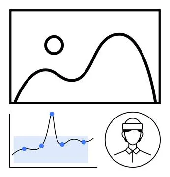 Modern Data Analysis and Virtual Interaction Symbolized with Graphs and VR .. イラスト素材