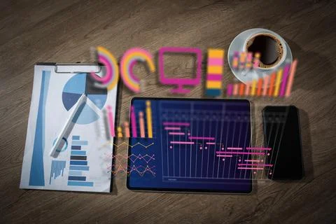 Modern data analysis dashboard on tablet data chart, analytics icons, repor.. Stock Photos