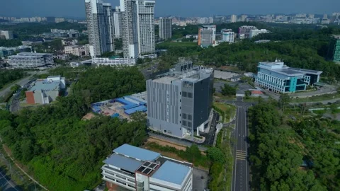 Modern data center building in technology cyber city. Smooth aerial view drone Stock Footage 329037414