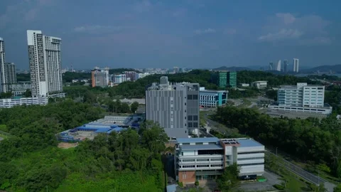 Modern data center building in technology cyber city. Dramatic aerial view drone Video stock 329037640