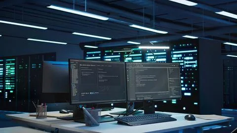 Modern data center with coding monitors and servers Stock Photos
