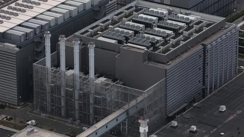 Modern data center complex with extensive cooling infrastructure Stock Footage 346697057