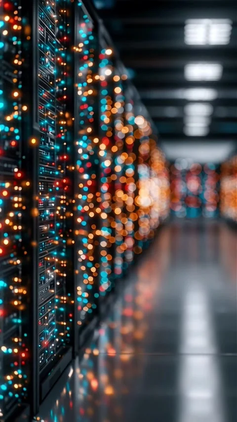 Modern data center corridor with blinking server lights Stock Footage 313091558