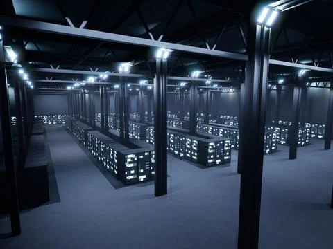 Modern data center filled with server racks and database Illustrazione stock