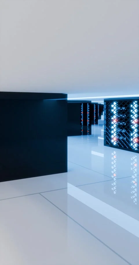 Modern data center with high-performance server racks pan to the right Stock Footage 343433031