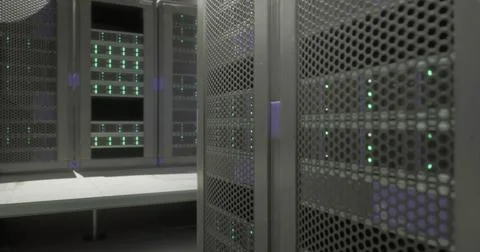 Modern data center with illuminated server racks in a secure environment Stock Illustration