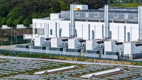 Modern Data Center with Large Solar Array and Cooling Systems 写真素材