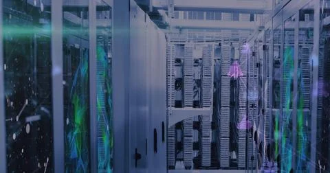 Modern data center with rows of servers and vibrant digital overlays Stock Photos